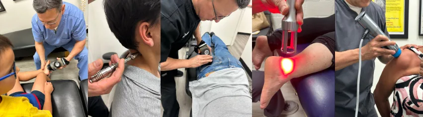 Dr. Caldero personally treating patients with adjustments, laser, and shockwave therapy